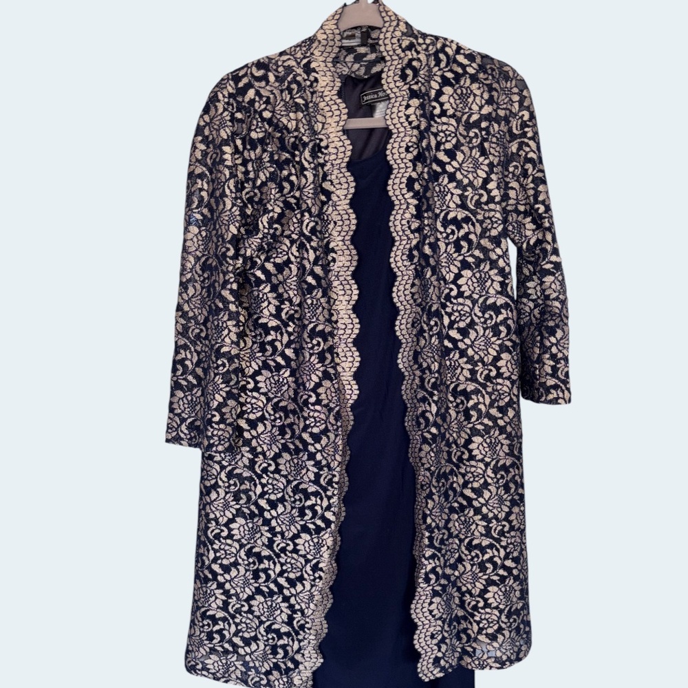 Jessica Howard Navy Blue Lace 2-Piece Jacket Dress Set - Size 10